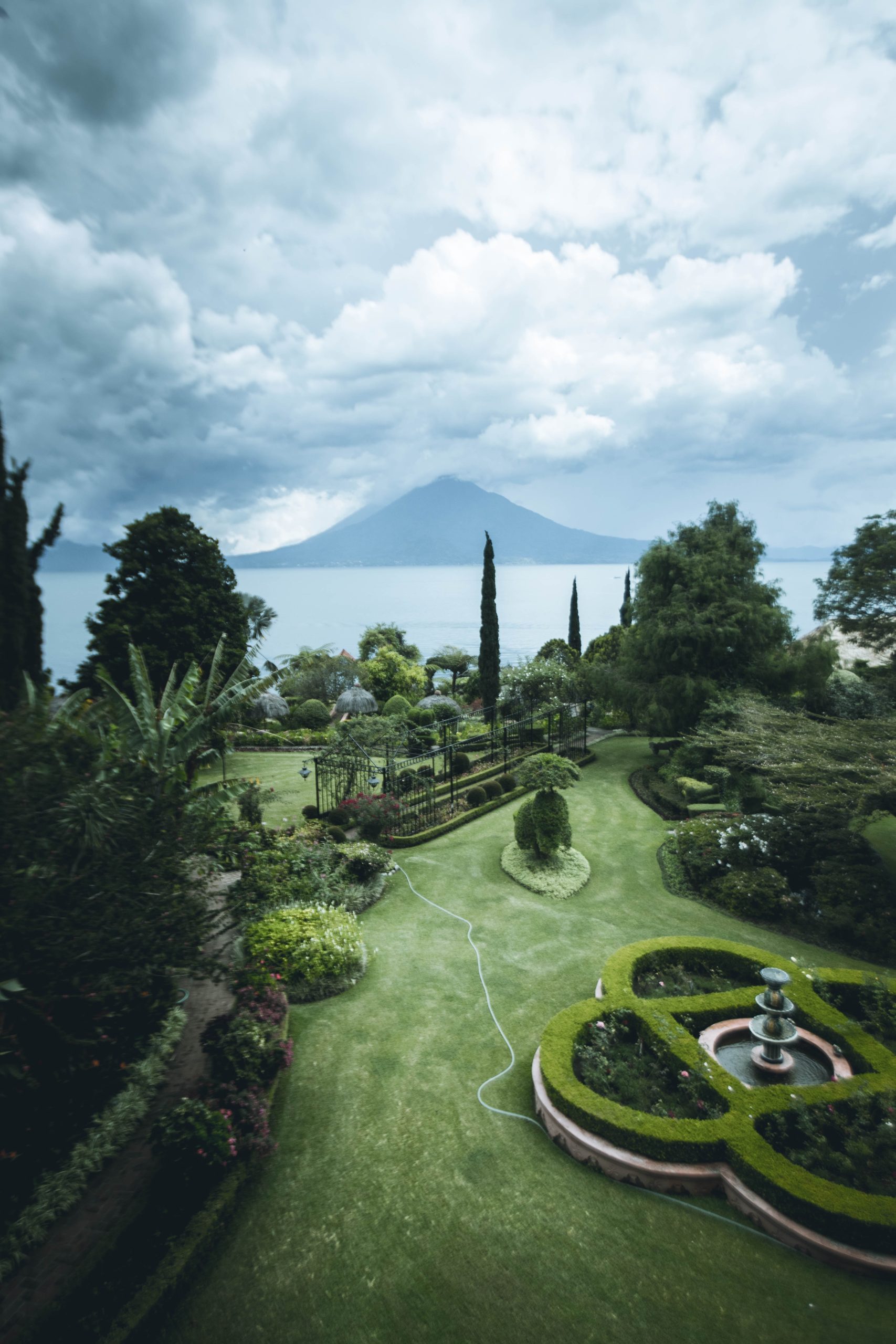 Green garden with plants and trees, viewing the sea and mountain